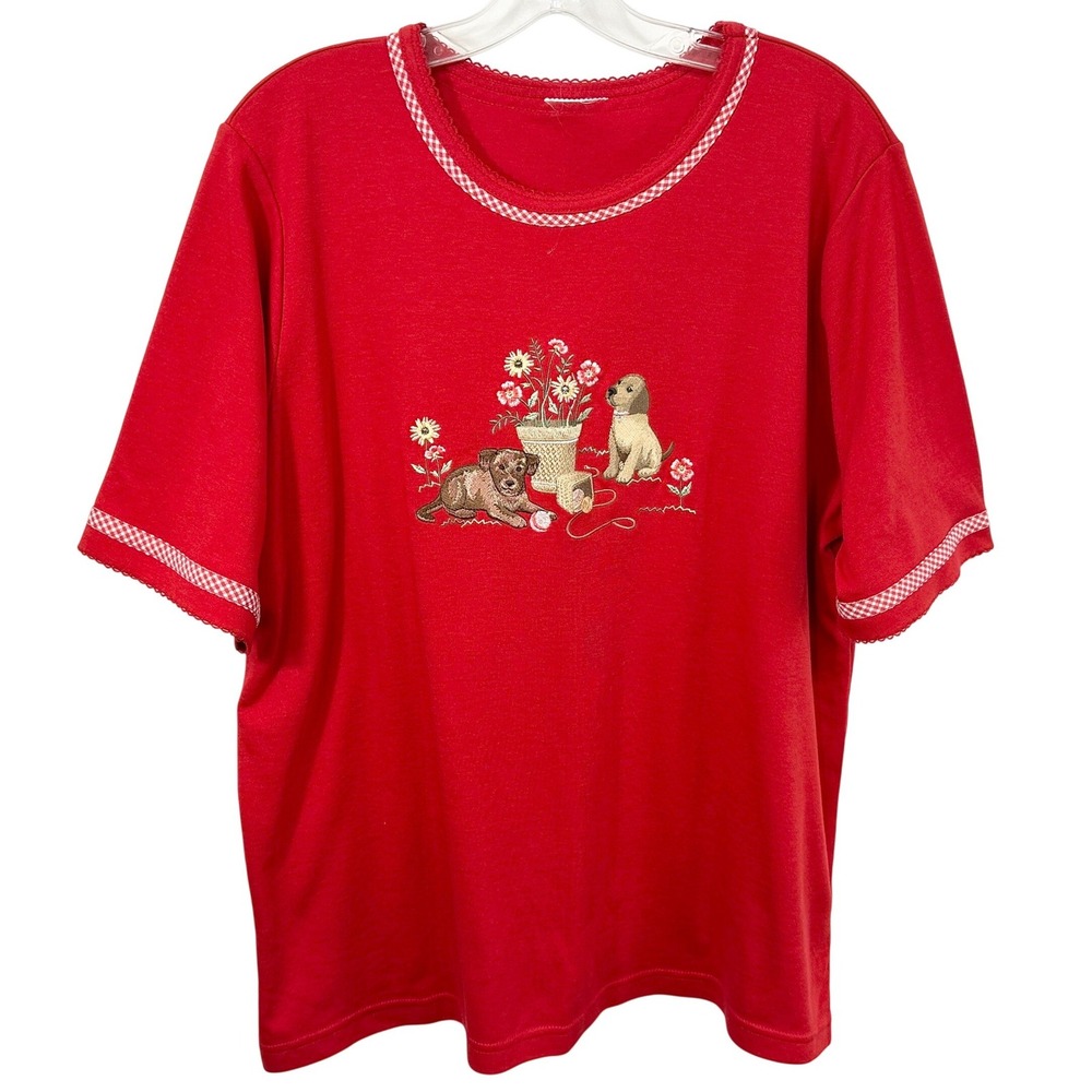 Embroidered Dog Gingham Plus Size 2X Top Vintage Red Puppy Short Sleeve 307